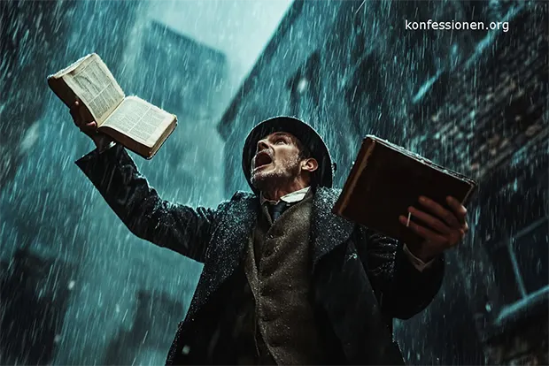 Bild eines männlichen Propheten auf einer Straße, der eine Bibel in der Hand hält und lautstark daraus deklamiert