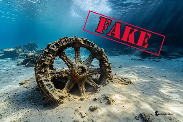 Wagenrad eines ägyptischen Streitwagens, das im Roten Meer liegt (KI-Bild)