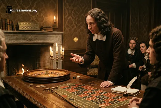 Blaise Pascal wettet an einem Spieltisch auf einen Münzwurf