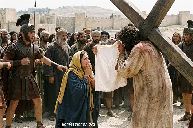 Die heilige Veronika reicht Jesus das berühmte Schweißtuch (Sidarium)